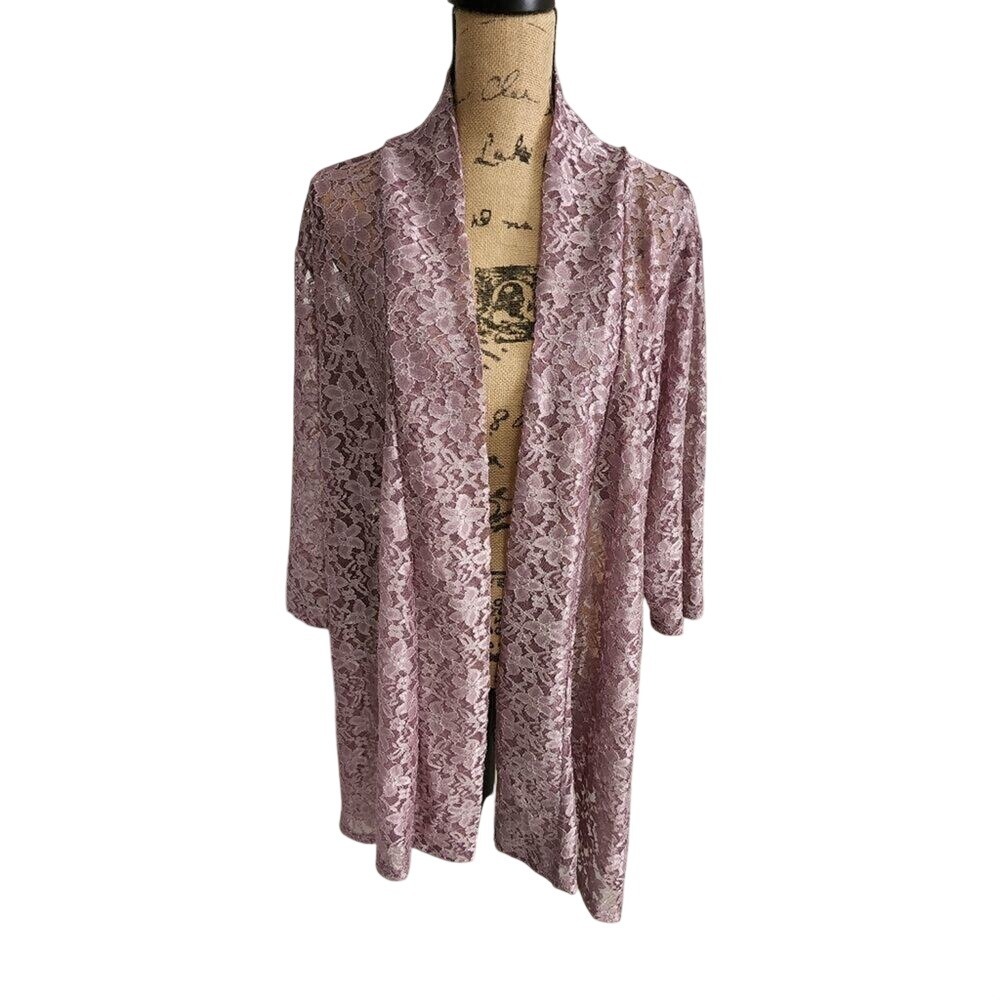 Shannon Ford New York Mauve Purple Floral Lace Open Front Cardigan Plus Size 2X